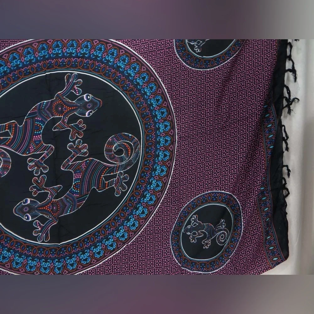 Boho Handmade Indonesian Mandala Lizard Fringe Tapestry/Sarong - 46”x60”